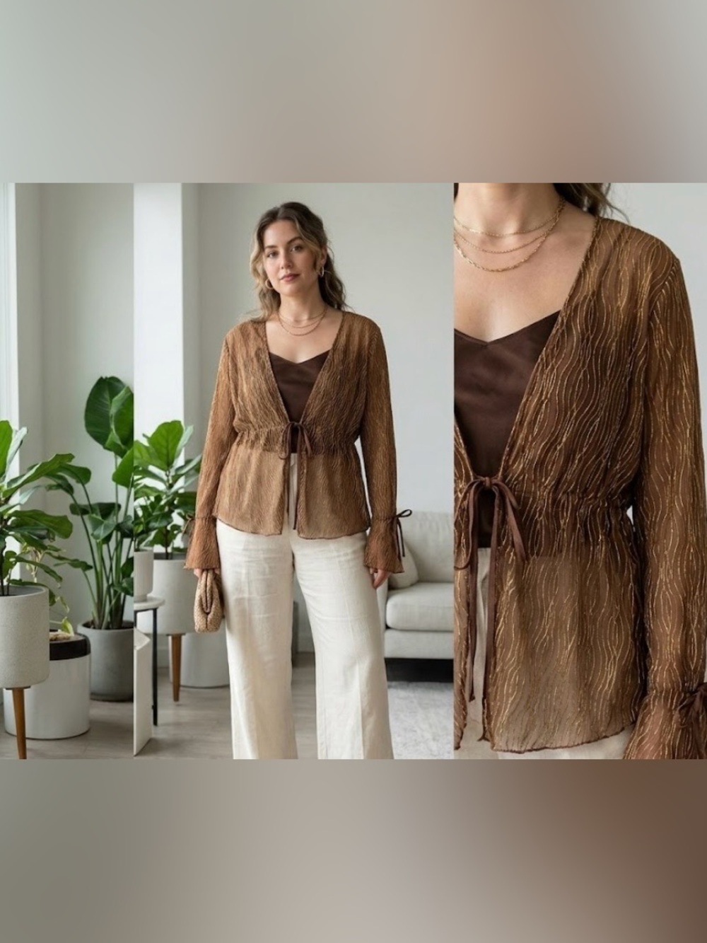 Zaful Brown Sheer Textured Tie-Front Blouse size XL